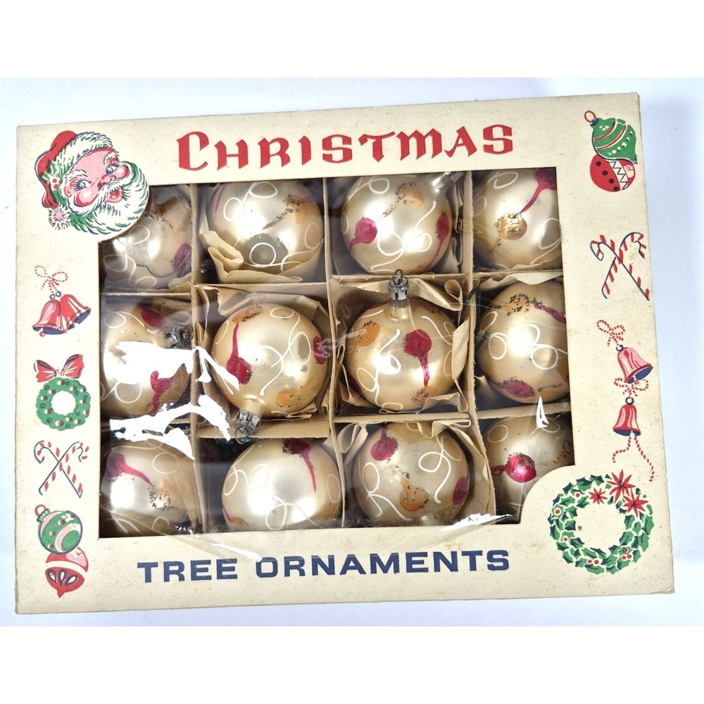 Poland Vintage Christmas Ornaments Glass Balls Gold Set of 12 Medium Good MCM